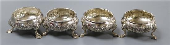 A pair of George II silver bun salts, Edward Wood, London, 1743 and two other George II silver salts by Edward Wood.